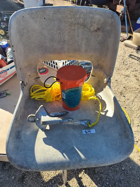 Boat safety kit, boat anchor with rope and boat seat.