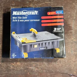 New in Box Mastercraft 4 1/2 Inch Wet Tile Saw - 3.5 Amp Tabletop with Tilting Table and Fence