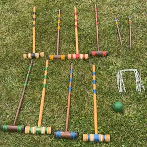 Wooden Croquet Set with Six Mallets, Metal Wickets, Two Stakes and Green Ball