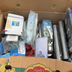 Box Lot Mixed Trailer Parts, Binders, Coupler, Straps, Hardware, Brush, Magnets