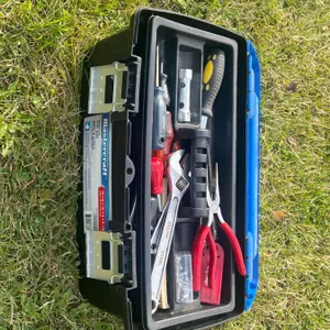 Mastercraft Toolbox With Assorted Hand Tools Including Wrenches, Hammers, Saws