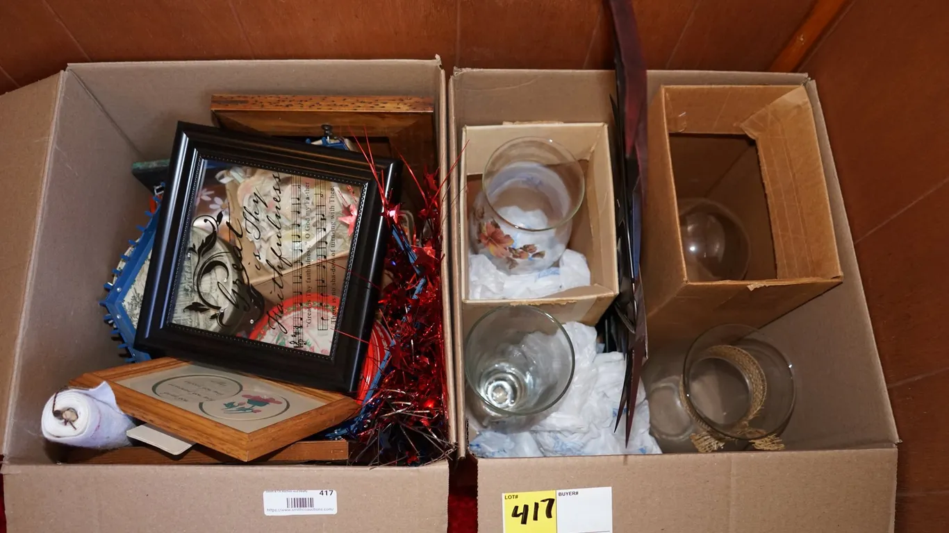 2 Boxes Misc. Wall Decorations & Glass Vases