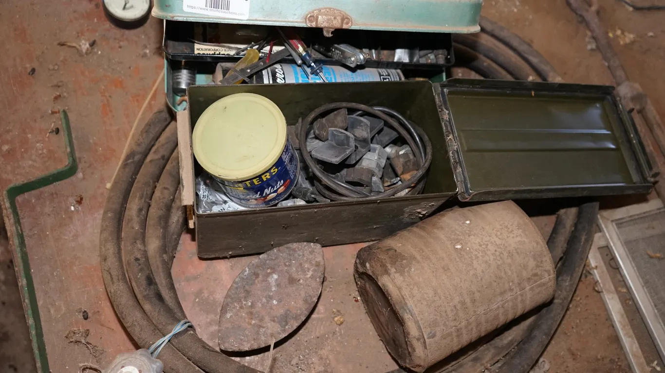 Military Ammo Box with Spray Tank Heads, Misc. Tools, Hose