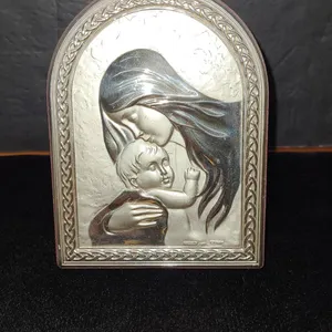Silver Toned Madonna and Child Embossed Plaque on Wood