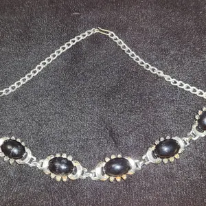 Silver Tone Necklace with Oval Black Stone Cabochons