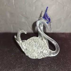 Hand-Blown Clear Glass Swan Figurine With Blue Accents