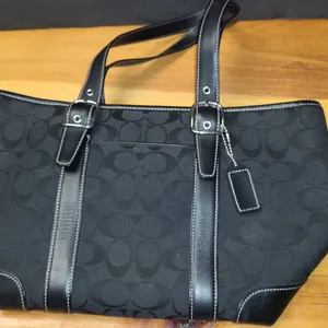 Coach Black Signature Canvas Tote with Leather Trim