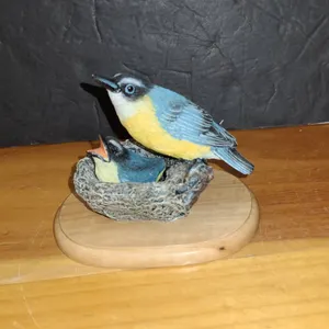 Resin Songbird Figurine With Nest and Chick On Wood Base