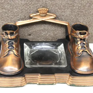 Bronzed Baby Shoe Desk Set with Glass Tray