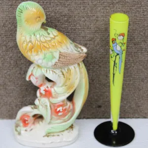 Japanese Ceramic Bird Figurine And Bud Vase