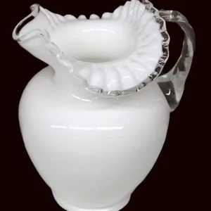 White Glass Pitcher with Clear Ruffled Rim
