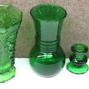 Green Pressed Glass Vases and Candle Holders Set