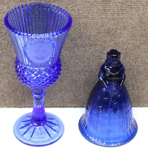 Blue Pressed Glass Goblet and Lady Bell