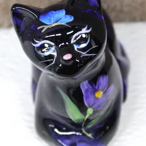 Fenton Cobalt Glass Cat Figurine Handpainted