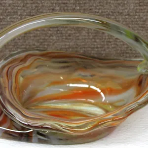 Marbled Art Glass Basket With Applied Handle