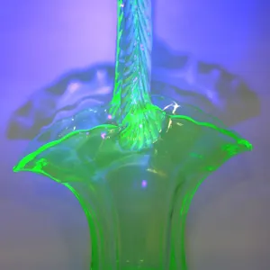 Vaseline Glass Basket with Handle, Glows Under UV