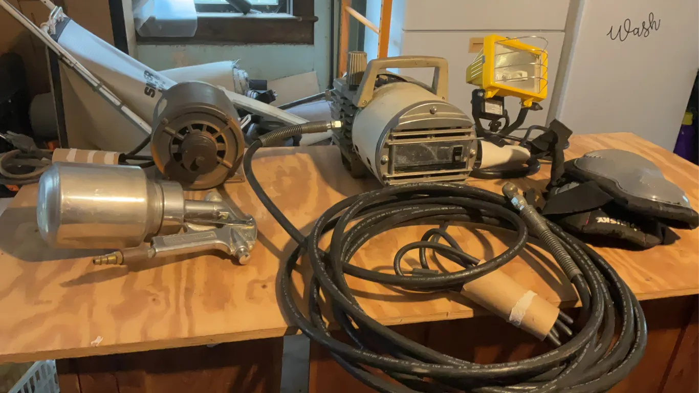 Air compressor ,electric motor, light paint sprayer