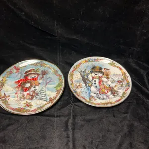 Franklin Mint Snowman Porcelain Collector Plates, Set of 2