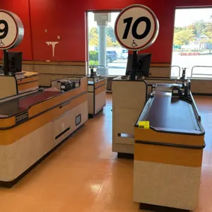 2008 Killion KCU1500 check lane counters. Features 2-piece construction, light-up numbered overhead signs, 6' and 2' conveyor belts, scanner/scale wel