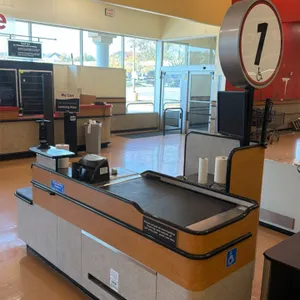 2008 Killion Industries KCU4500 grocery check lane. Features a 3' conveyor belt, scanner well, cashier workstation, bagging shelf, lower storage compa