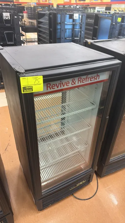 True GDM-10PT-HC-LD self-contained pass-through beverage display cooler. Features 2-door pass-through glass door design, adjustable wire shelving, and