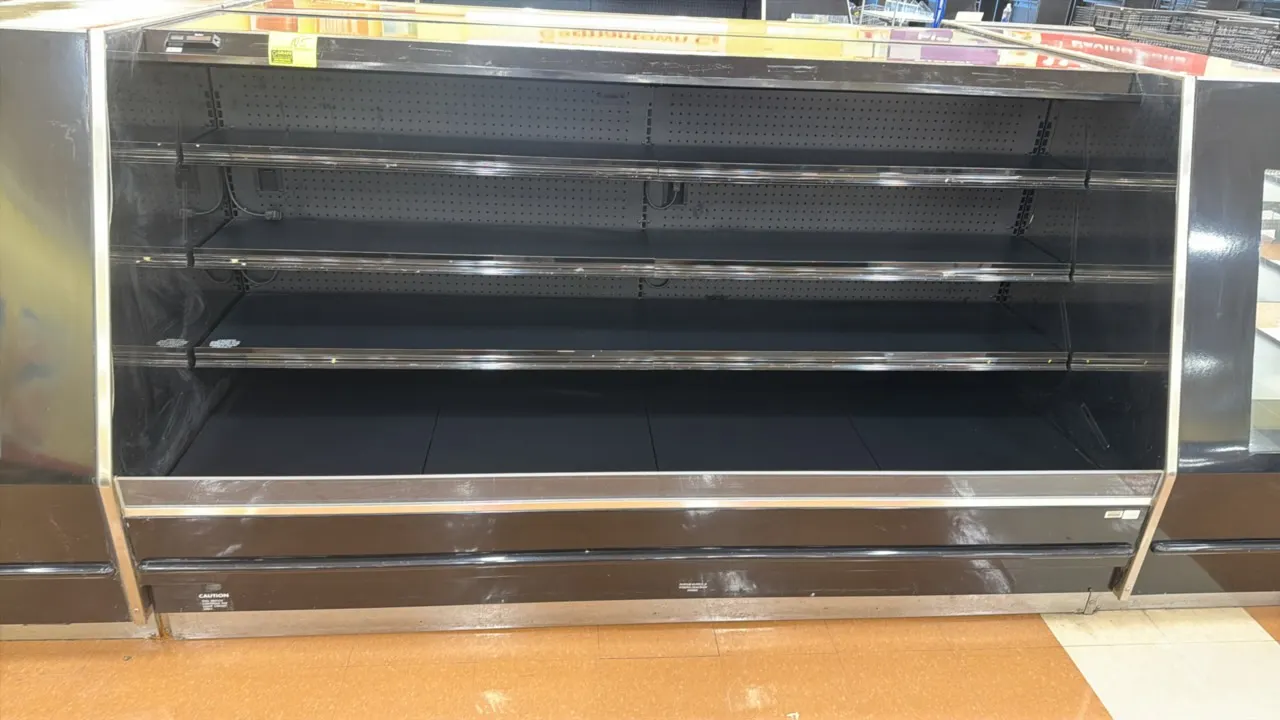 Barker PF8R54 low-profile open refrigerated display case. Features multi-tier adjustable shelving, perforated back panel, and canopy lighting. 8'L. S/