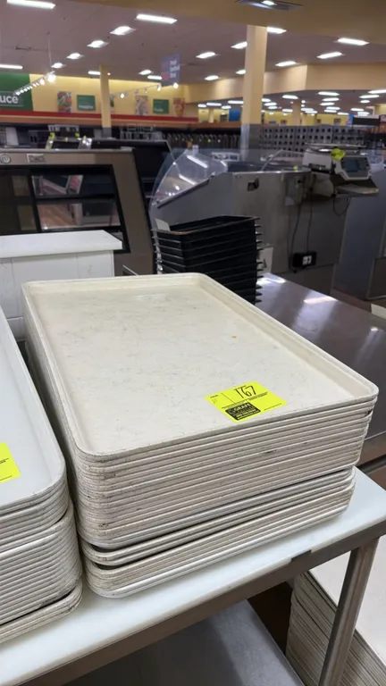 Poly display trays. Features off-white finish, molded rim, and stackable design. Dimensions: 26" x 18".