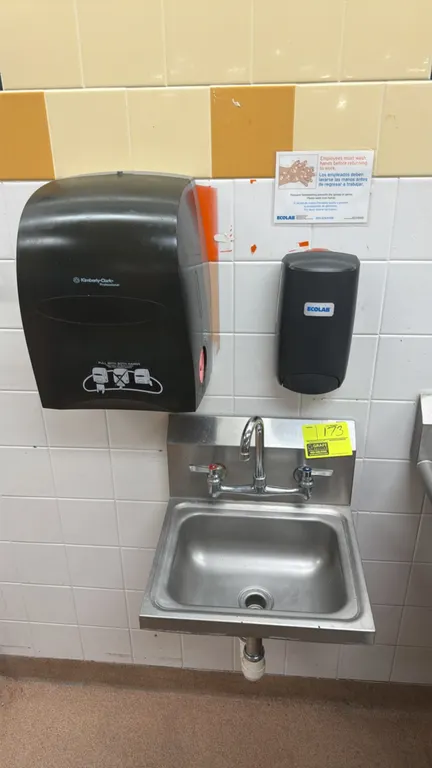 Stainless steel wall-mounted hand sink. Features splash-mount gooseneck faucet with dual handles. Includes Kimberly-Clark paper towel dispenser and Ec