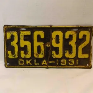 Vintage 1931 Oklahoma License Plate - Black With