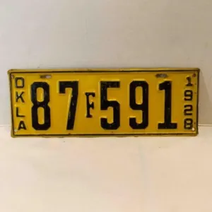 Vintage 1928 Oklahoma License Plate - Yellow