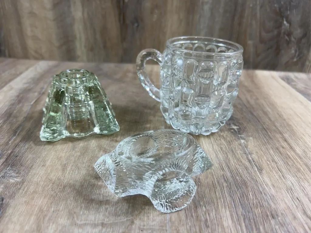 Clear Molded Glass Mug & Candle Holders