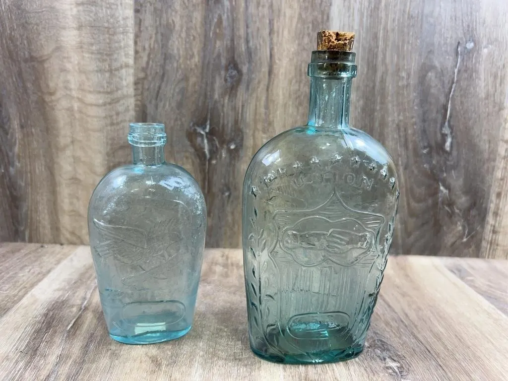 Aqua Glass Clasped Hands Eagle Flasks Pair