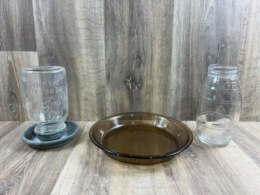 Ball Mason Waterer, Pyrex Pie Plate, Jar