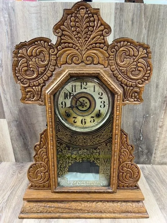 E Ingraham Oak Gingerbread Mantel Clock