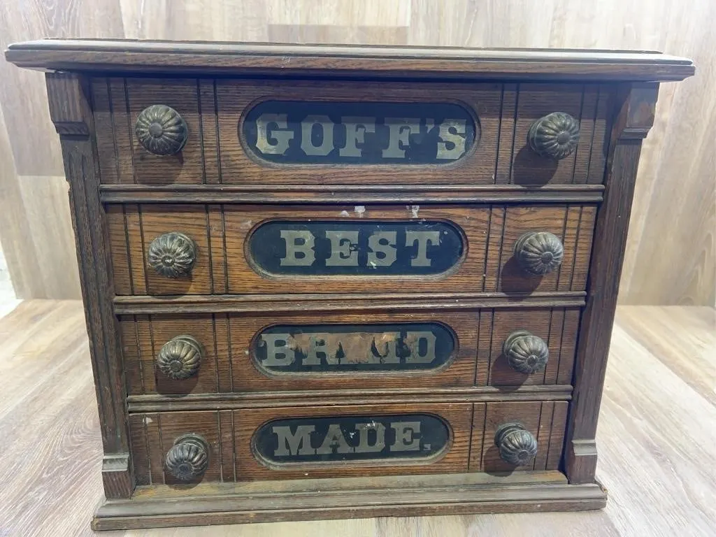 Goff's Braid Four Drawer Oak Advertising Cabinet