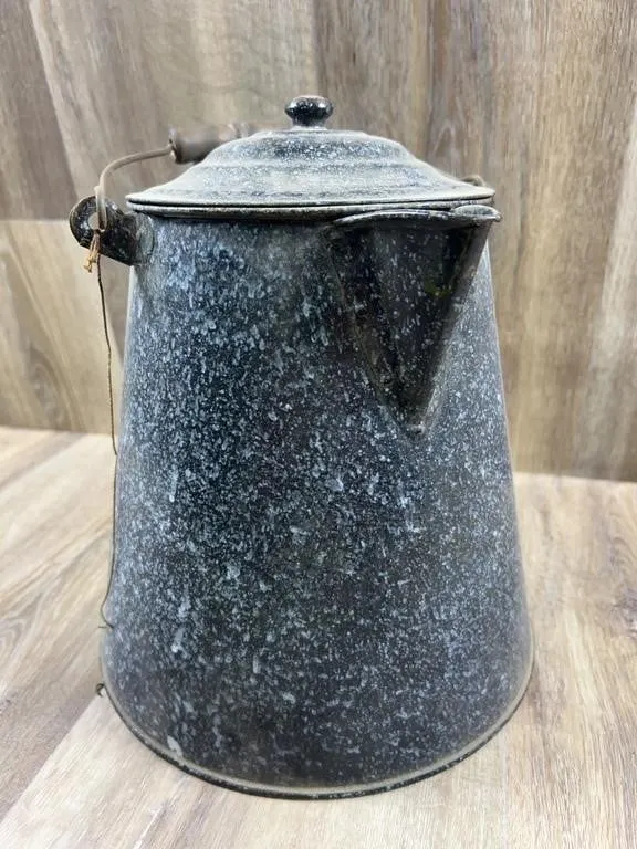 Mottled Gray Agate Enamelware Coffee Pot