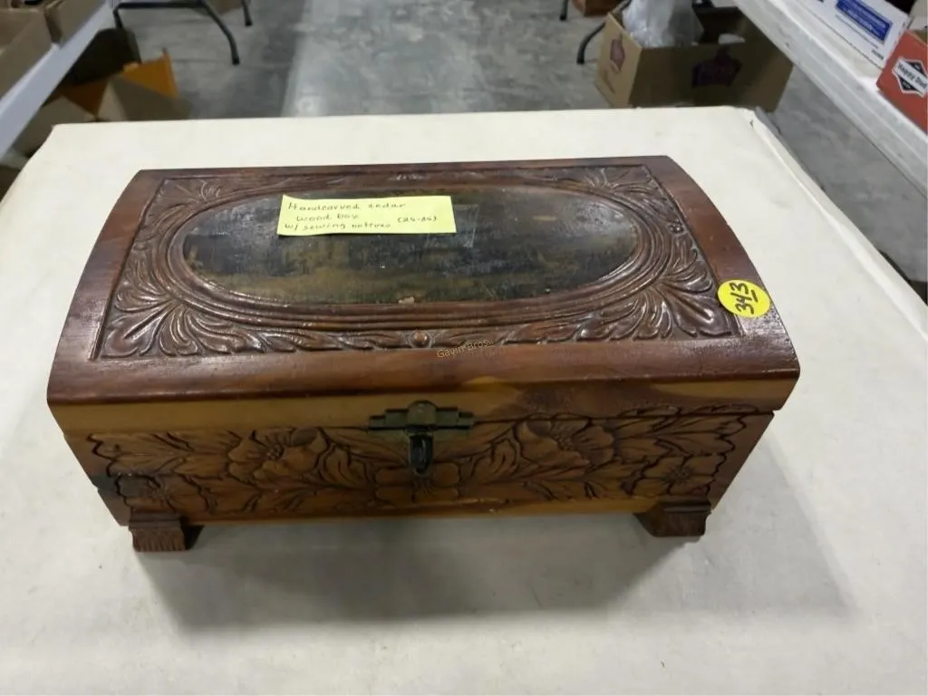 hand carved Cedar box w/sewing items