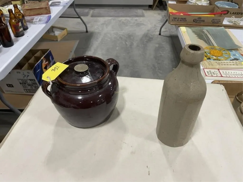 Crockery Beer Bottle & Covered Stoneware