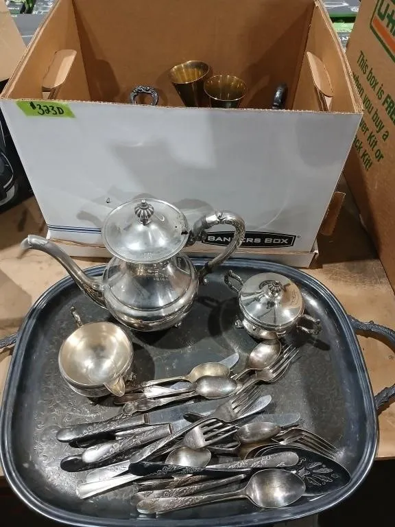 Vintage Silver Tea set, Tray, Utensils, Tea pot,