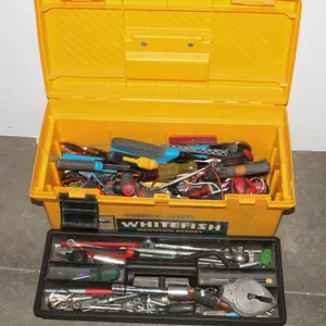 YELLOW TOOL BOX WITH HAND TOOLS. SHIGEHIRO WRITTEN