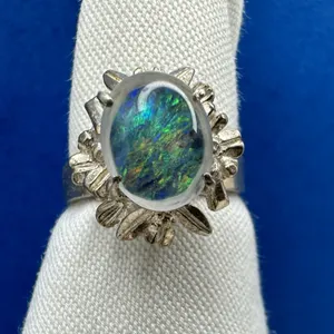 Blue Fire Opal Gemstone Sunburst Setting Sterling Silver Ring Sz 5.75