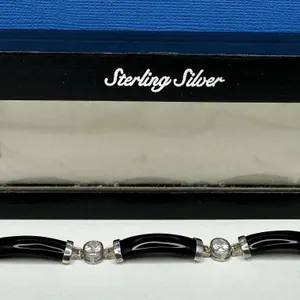 Curved Black Onyx White Topaz Gemstone Bars Sterling Silver 7.25" Bracelet