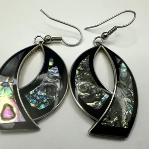 Mexico Sterling Silver Abalone Inlay 2.5" L Dangle Pierced Earrings