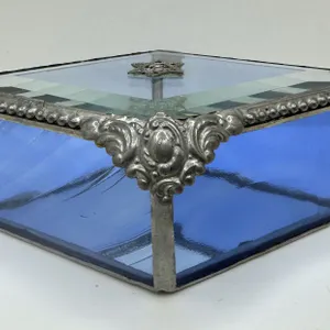 J. Devlin Blue & Crystal Beveled Art Glass Vanity Diamond Shape Jewelry Box