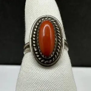 Old Pawn Native American Navajo 925 Sterling Silver Oval Red Coral Ring Sz 6.75