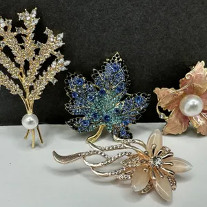 Vintage Paved Rhinestone Enamel Faux Pearl Flower Pins