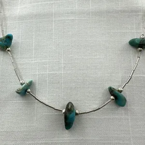 Artisan Native American Turquoise Nugget Liquid Silver Sterling Bead Necklace