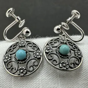 Van Dell Sterling Silver Turquoise Filigree Wire Medallion Dangle Screwback Earrings