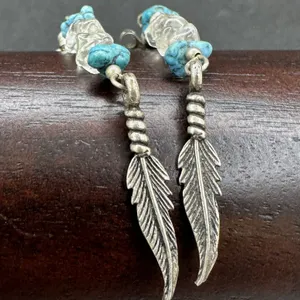 Southwestern Sterling Feather & Turquoise Chip Dangle Pierced Earrings
