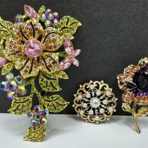 Multi Color Aurora Borealis Rhinestone Pearl & Enamel Flower Brooch Pin Lot